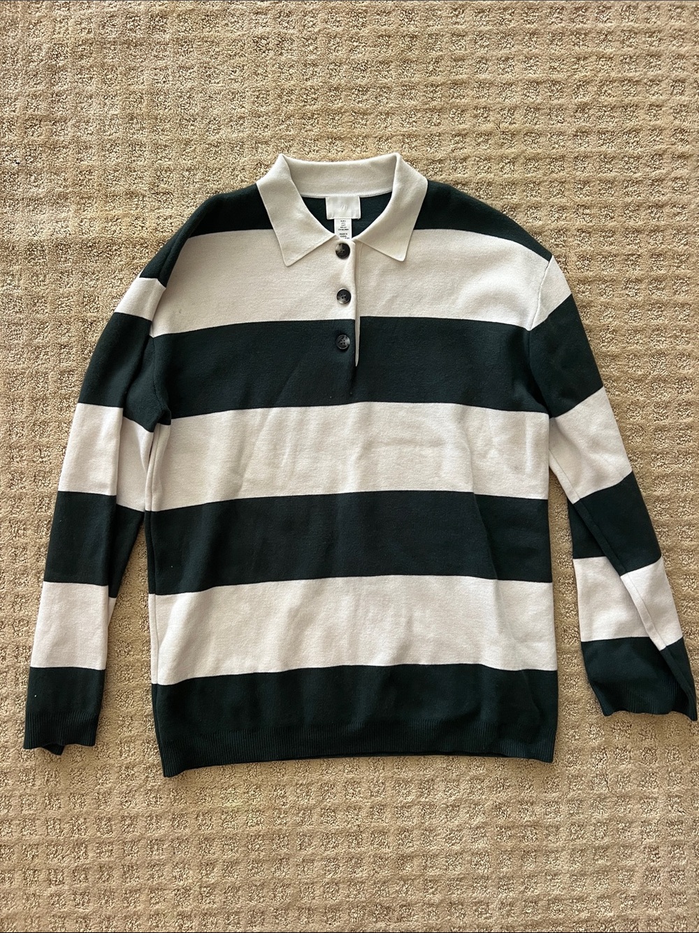 H&M Women’s Dark Green and White Striped Long Sleeve Polo Top
